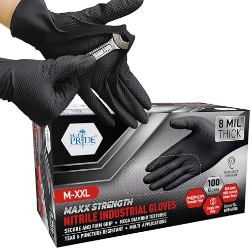 MED PRIDE 8 Mil Xl Disposable Black Nitrile Gloves Heavy Duty Diamond Textured Powder Free Latex Free Box of 100