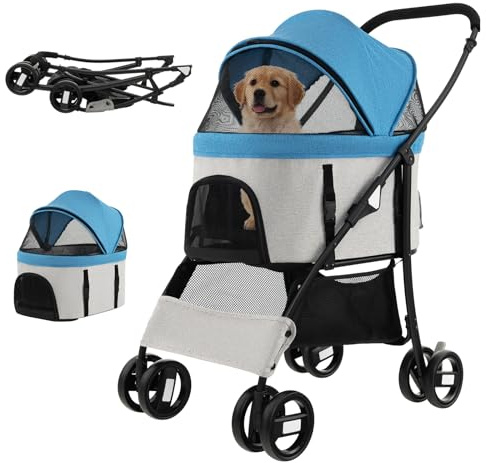 GYMAX Folding Pet Stroller, 4-Wheel Portable Pet Travel Pushchair with Adjustable Canopy, Safety Belt, Storage Basket & Zippered Mesh Entry, Travel Carrier Carriage for Dogs & Cats (Gray+Blue)