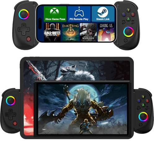 Game Controller for iPad/Tablet, Mobile Wireless Gamepad for iPhone Bluetooth RGB Telescopic Joystick for Android/iOS/PC/Smart Phones for 13-25cm Perfect works for COD/Genshin, Direct Play (Black)