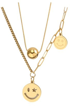 HSAJS Kette Layered Damen Kette mit Anhänger Smiley Face Personalisierte Halskette Zarte Mehrreihige Ketten Hypoallergene Schmuck für Frauen