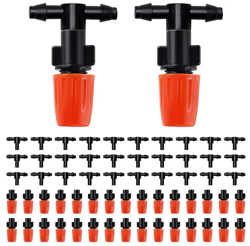 VooGenzek 30 Stücke Sprinklerköpfe Düsen T-Gelenke, Garten Misting Bewässerungssystem, T-Gelenke Sprühdüse Bewässerung, Wassernebel kühlsystem sprinklerdüse, mit T-Gelenke, Orange