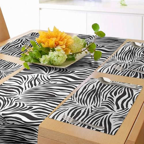 ABAKUHAUS Zebra Druck Tischläufer & 4 Stück Tischsets, Gestreifte Zebra-Tierdruck-Natur-Wildtier-inspirierte vereinfachte Illustration, Set für die Tischdekoration, 180 cm x 40 cm, Schwarz-Weiss