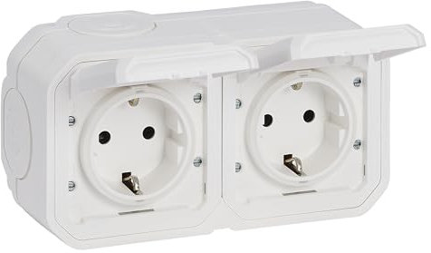 LEGRAND, Plexo New Feuchtraum-Steckdose, 2-fach, Schuko-Standard, inklusive Klappdeckel, Berührungsschutz, vorverdrahtet, Steckklemmen, horizontal, IP44 - IK07, Farbe: Weiß, 069772L