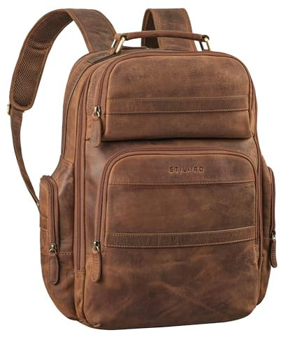 STILORD 'Manon' Großer Rucksack Leder XL Businessrucksack Laptop Backpack 11 bis 17 Großer Arbeitsrucksack mit vielen Fächern und Trolley-Aufstecksystem, Farbe:mittel - braun
