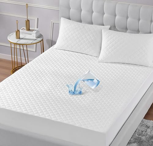 PRIME LINENS 100% Waterproof Quilted Mattress Protector Double Bed - Extra Deep 35 Cm Stretch Skirt Mattress Cover Bed Pad Fitted Mattress Topper (White)