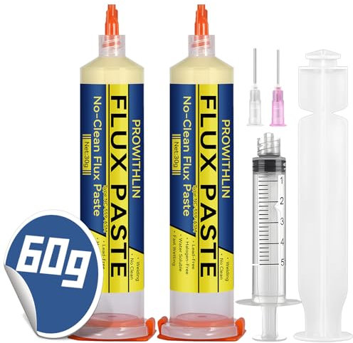 prowithlin Flux Soudure, 60 ML, 2pack Pâtes à braser Avec 2 Aiguilles, 1 Poussoir Et 1 Seringue, 60g Flux Soudure No Clean pour Réparation BGA/IC/CPU/PCB/SMD - Idéal flux soudure électronique