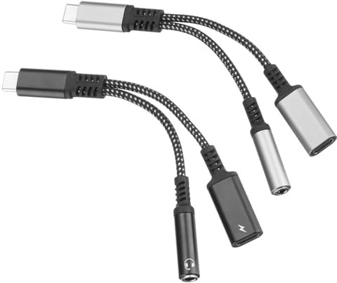 QUARKZMAN 2pcs Adaptador de Auriculares y Cargador USB C a 3.5mm, 2 en 1 Tipo C a Jack de Audio Auxiliar con Cable USB C de Carga rápida PD 60W Gris y Negro 130mm para teléfono