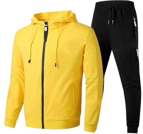 LinRim Tuta da uomo, tuta da allenamento, tuta da casa, pullover Y2K, hoodie e pantaloni baggy in cotone, tuta sportiva, tuta da tempo libero, set tuta da casa, abbigliamento sportivo, giallo., XXL