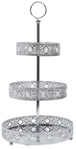 HOME DECO FACTORY, KA0113, Vassoio Decorativo in Metallo Argentato a 3 Livelli, Ideale per intrattenimenti e Decorazioni per la casa, Facile da Mantenere, Design Elegante, Colore Argento