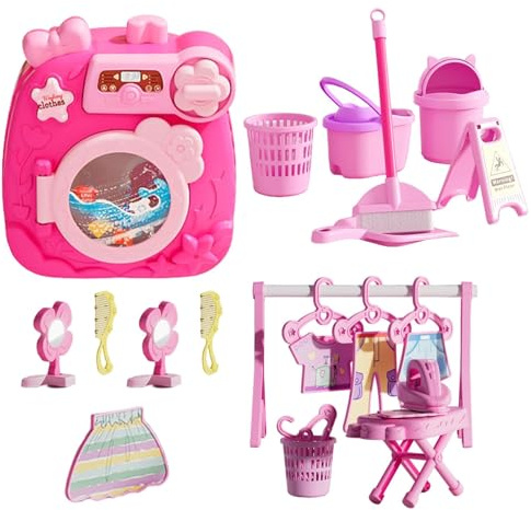 Lavadora para niños: lavadora portátil para muebles de casa de muñecas, juego de lavado, juguetes para niñas, juguetes educativos y de aprendizaje, juego de juguetes para lavar la ropa para cumpleaños