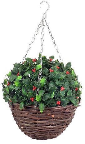 Best Artificial Holly Hanging Basket Topiary Ball - Suitable for Outdoor Use - Weather & Fade Resistant