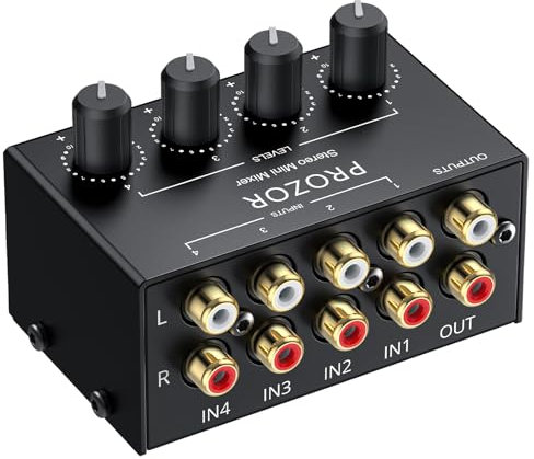 PROZOR Mezclador de Audio Estéreo Pasivo Mini 4 Canales RCA - Mezclador Compacto sin Fuente para DJ y Home Studio, Control de Volumen Independiente, Conexión Dorada, Diseño Portátil y Metal Duradero