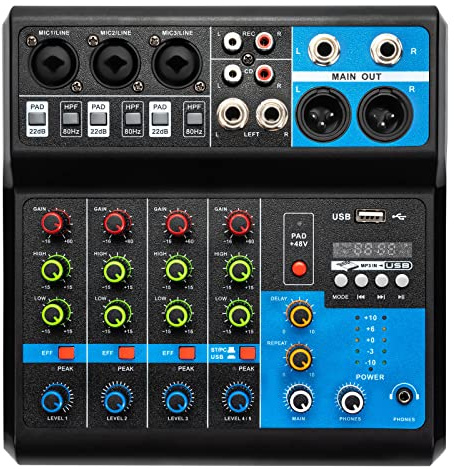 HOARLICN Blandare, Dj Controller ljudmixer 18 W mixerbord Bluetooth-blandarbord med förstärkare powermixer med LCD-skärm tre-bands equalizer USB-plats för musikbarer (antal kanaler 5)