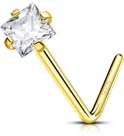 OUFER 20G Piercing al naso a forma di L in argento Sterling 925, cerchio da 7 mm, in oro, con zirconi trasparenti quadrati, gioielli per il corpo da donna