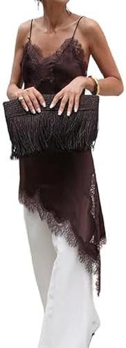 Women Satin Long Lace Cami Top Y2K Silk Spaghetti Strap Side Split Asymmetrical Tank Tops Dress Flowy Silky Layering Tops Nightwear (A-Coffee, L)