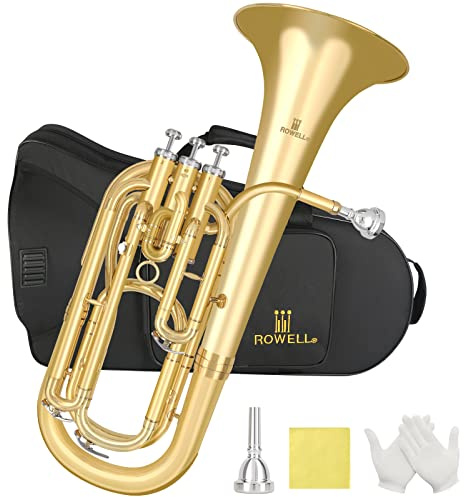 ROWELL Professional Bb Baritone Horn - 3 Valves Brass Baritone with Stainless Steel Valves Premium Case Set with Mouthpiece, Strap