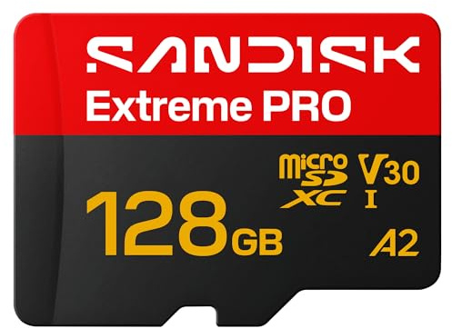 SANDISK Extreme PRO microSDXC 128GB, UHS-I + SD Adapter (up to 250MB/s read, 120MB/s write speed, 5K, 3K, 4K UHD, C10, V30, U3, A2) For Action Cams, Drones, Android devices, Laptops