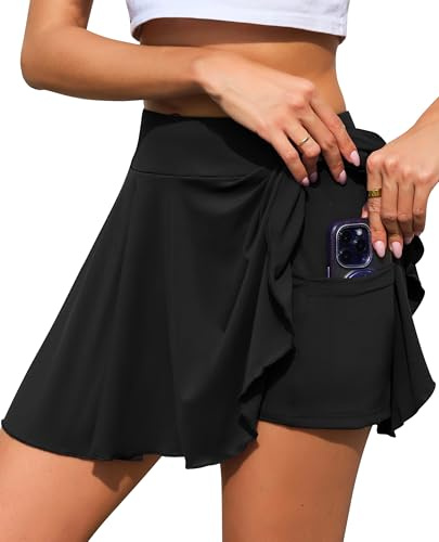 Lovasy Jupe de Tennis Femme avec Short et Poches Jupe Sport Plissée Jupes de Golf Taille Haute Mini Skorts Skirt pour Entraînement Course et Loisirs,A-Noir,M