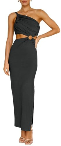BKEPDY Vestito da Donna Abito Una Spalla Pieghettato Schiena Nuda Chiffon Elegante Tubino Festa Cocktail Abito da Damigella della Sera e Cerimonia Matrimonio Lady Dress