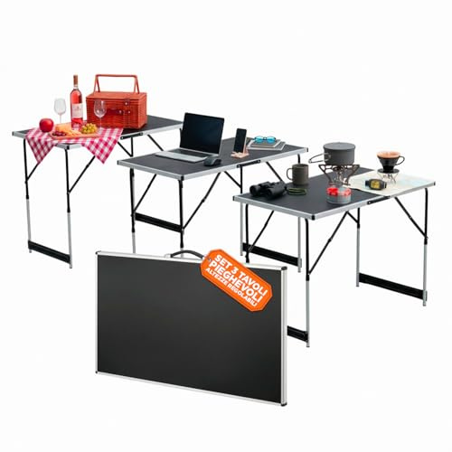 Zendea - Tavolo Pieghevole Set da 3 con 4 Altezze Regolabili, Struttura in Alluminio e Piano in MDF, per Campeggio, Giardino ed Eventi, Leggero, Salvaspazio e Facile da Trasportare