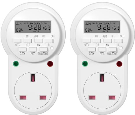 HBN Digital Programmable Plug-in Timer Socket, 24 Hours/7 Day Weekly Electronic Light Timer Plug with 9 On-Off Programs and Anti-Theft Random Function (13A/3120W, 2 Pack)
