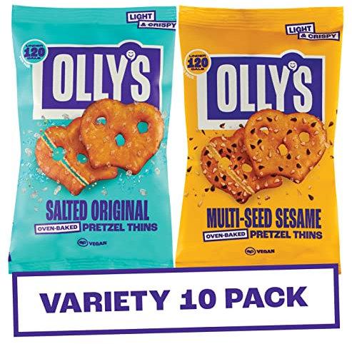 Olly's Pretzel Thins, Variety Pack, 35g (Pack of 10), Handy Snack Pouches, Healthy Plant-Based Vegan Snacks for Dipping, Low Calorie Snacks, Low Fat, Source of Fibre, No Preservatives