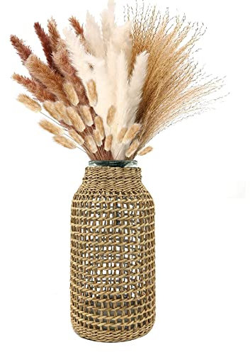 XIUWOUG Handmade vase, Rattan vase,Vasen für pampasgras,Wohnzimmer Deko Glasvase, Blumenvase Für Dekoration Und Geschenk,L,9.5X20.5cm