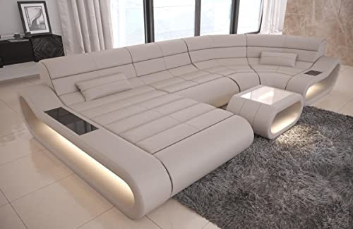 Wohnlandschaft Concept U Form Sofa in Leder - mit LED Beleuchtung, ergonomische Rückenlehnen, Recamiere/Lederfarben wählbar/Ausrichtung Ottomane wählbar (Ottomane Links, Beige)