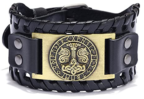 Mayting Tors hammare läderarmband, Mjolnir viking nordiska runor manschett brett armband keltisk manschett armring justerbart armband för män kvinnor, 1043 inch, Läder
