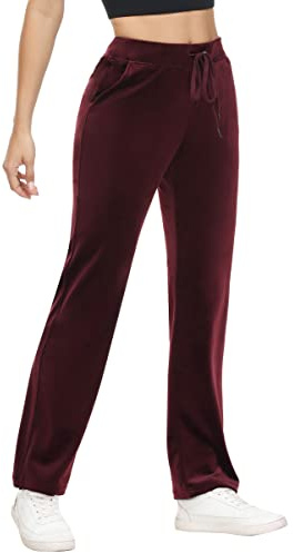 COZZIPLUS Womens Velvet Sweatpants, Straight Leg Velour Pants with Pockets, Womens Velour Lounge Pants with Elastic Waistband (Wine,X-Large