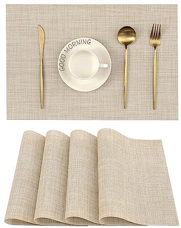 Leetaltree Beige Placemats Set of 4 - Heat Resistant Non-Slip Place mats for Dining Table, Washable Durable PVC Vinyl Woven Table Mats（Beige, 4）
