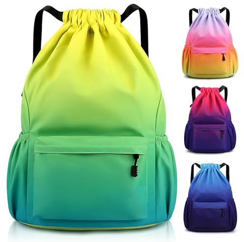 Sarsumir Sacca Sportiva Borsa con Coulisse, Impermeabile Sacchetta Sportiva Palestra Grande Capacità Sacca Zaino con Coulisse per Uomo Donna, Giallo Verde