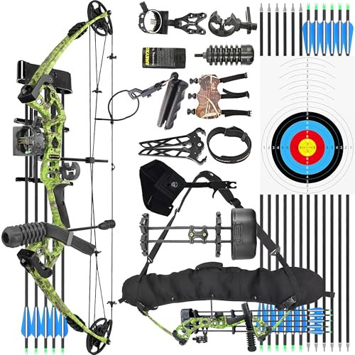 wolfman Bogenschießen Compoundbogen Set Erwachsene 30-55 LBS Jagdbogen Bogenfischen Compound Bogen und Pfeil Set mit Zubehör für Jagd Zielschießen Praxis Linkshänder Rechtshänder (LRT, Grüntarn)