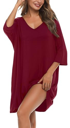 Bresdk Camicia da Notte Donna Cotone Modal Morbida Camicie da Notte Manica 3/4 Scollo a V Eleganti Taglie Forti Vestiti Premaman con Tasche Vestaglia Parto Ospedale Premaman, Vino Rosso, 3XL