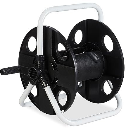 Relaxdays Avvolgitubo Acqua, Carrello Avvolgi Tubi 30 m, 1/2, Acciaio, Plastica, Portatubo HLP 38x42x31 cm, Nero Bianco
