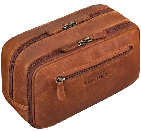 STILORD Voyager vintage läder necessär män kvinnor stor tvättväska necessär äkta läder sminkväska för resor smink smink med handledsrem, Kara - konjak, M, Necessär