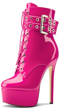 Aachcol Femmes Aiguille Haut High Talon Heel Plate-forme Bottines Rond Bout Lacets Fermeture à Glissière Mi Mollet Boucle Dress Bottes Magenta 44 EU
