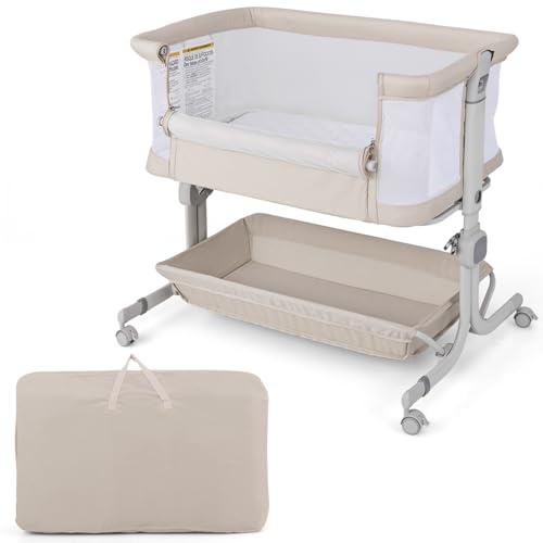 COSTWAY 3-i-1 sidosäng, resesäng baby med madrass, babysäng, 6-fack, justerbar höjd med förvaringskorg och bärväska, bärbar barnvagn, med hjul för baby upp till 6 månader (beige)