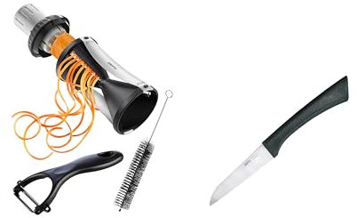 Küchenhelfer Set: GEFU Spiralschneider SPIRELLI 2.0 & Gemüsemesser SENSO - Spiral-Gemüseschneider für die Herstellung von Gemüse-Spaghetti & Zoodles