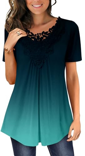 Magritta Women Shirt Summer Ladies Blouses Plus Size Short Sleeve Lace Crewneck Tunic Tops Work Trendy Loose Swing Tops for Leggings Blue Gradual X-Large