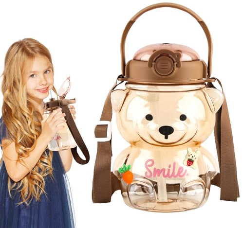 FairyPeach Borraccia Kawaii Portatile Orso 1000 Ml Cinghie Adesivi Cannuccia, per Attività All'Aperto Scuola (Marrone)