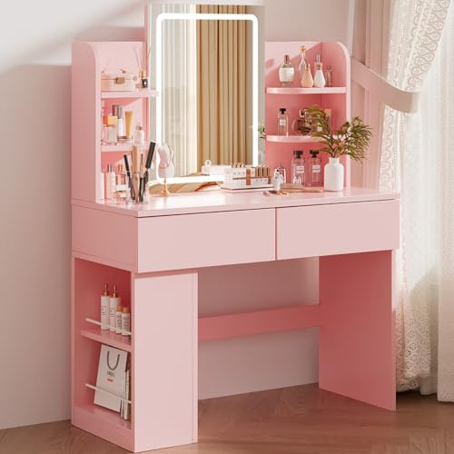 Airfish Schminktisch mit Beleuchtung, Schminktisch mit Spiegel und Verdeckter LED Lichtleiste, DREI Farbtemperaturen und Helligkeit Einstellbar, Zwei Schubladen und EIN Anrichten (Rosa)