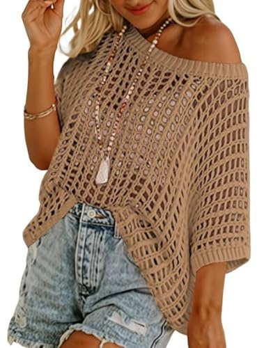 Maglione a maniche corte all'uncinetto top estivo da donna girocollo a maniche corte, pullover a maglia traforata copricostume da spiaggia, Kaki, M