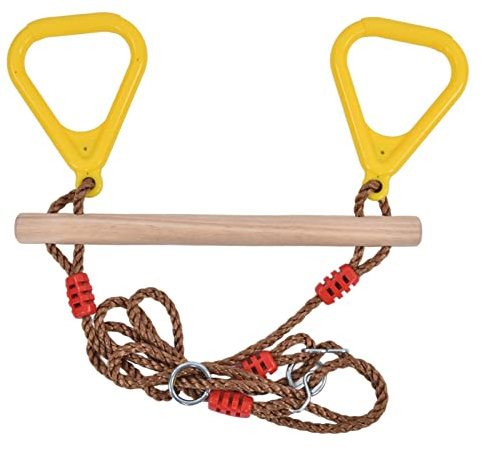BowyTrading Bâton trapèze en bois robuste, anneau de barre oscillante pour enfants avec haute résistance, en plastique jaune et en bois pour jardin, cour, jeux en plein air, comprend un bâton en bois