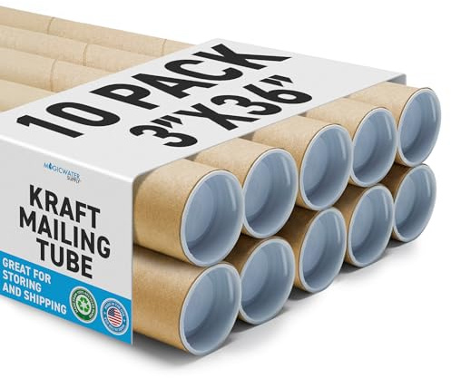 MagicWater Supply Mailing Tube - 3 in x 36 in - Kraft - 10 Pack - for Shipping and Storage of Posters, Arts, Crafts, and Documents