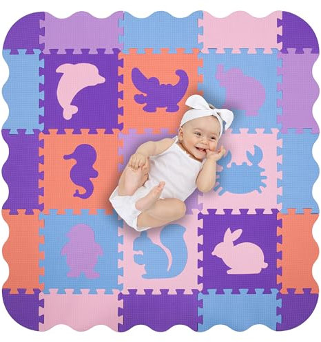 Humbi Puzzlematte Eva Schaumstoff für Babys und Kinder Krabbelmatte Spielmatte Fitnessmatte 31.5x31.5 cm Laufstall 95x95 cm (Tiere/Violett, Blau, Rosa)