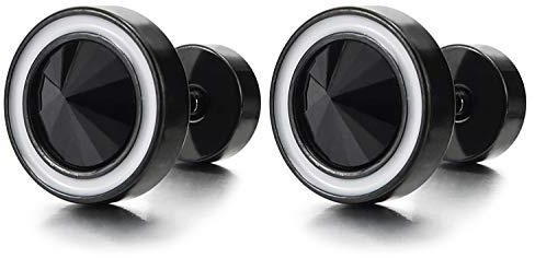 Uomo Donna Nero Cerchio Orecchini con Spillo Pietre Bianco Smalto, Finto Dilatatore Fake Cheater Plug Gauges, Acciaio