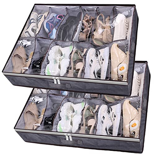 TUAKIMCE 2 PCS Under Bed Shoe Storage Organiser, Folding Under Bed Shoe Box with Transparent Lid Fits 24 Pairs Total - Underbed Storage Solution