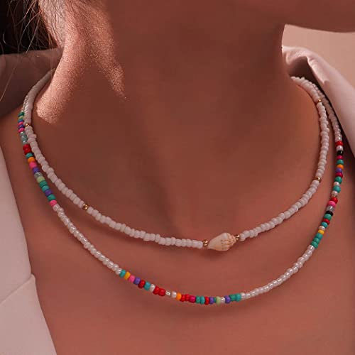 Handcess Boho Double Layered Beads Choker Halskette Bunte Perlenketten Strand Conch Choker Schmuck für Frauen und Mädchen