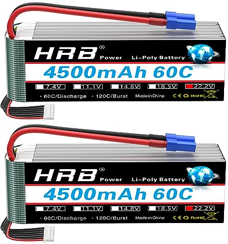 HRB 6S Lot de 2 batteries LiPo 22,2 V 4500 mAh 60 C avec fiche EC5 de classe A+ pour voiture, avion, buggy, hélicoptère, camion, passe-temps